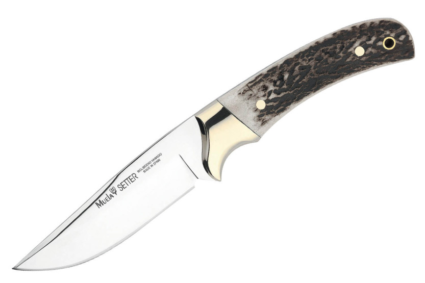 Muela Setter 9266 Messer mit 11cm Klinge aus rostfreiem Edelstahl, Griff aus Hirschgeweih + Lederetui
