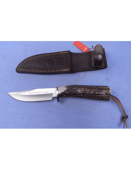 Muela Braco 9275 Messer mit 11cm Klinge aus rostfreiem Edelstahl, Hirschgeweihgriff mit Schnürsenkel + Lederetui