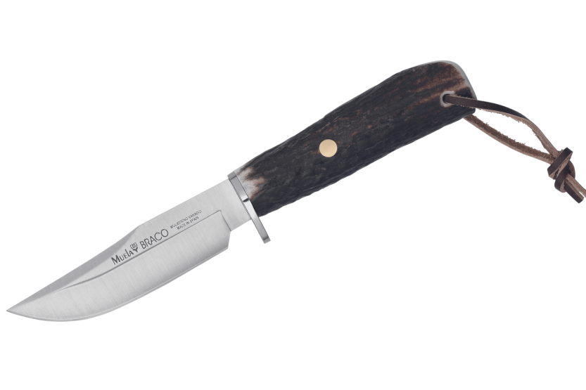Muela Braco 9275 Messer mit 11cm Klinge aus rostfreiem Edelstahl, Hirschgeweihgriff mit Schnürsenkel + Lederetui