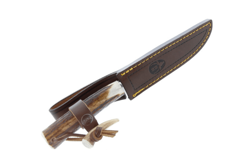 Muela Gredos 9218 mes 14cm roestvrij staal hertengewei handvat + leren schede