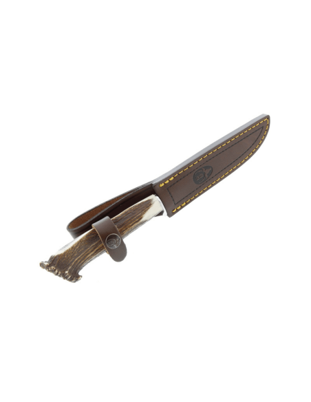 Coltello Muela Gredos 9228, lama lucidata a ghiaccio di 14 cm, manico in corno di cervo + fodero in pelle