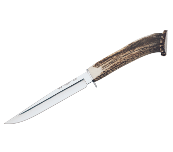 Cuchillo Muela Gredos 9228, 14cm hoja pulida al hielo, mango de asta de ciervo + funda de cuero