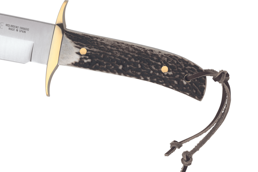 Faca Muela Bowie 9263 lâmina em aço inoxidável cabo de chifre de veado de 16 cm com laço e bainha em pele