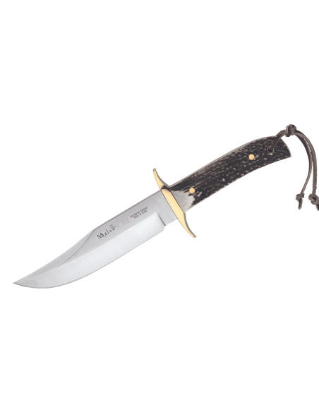 Faca Muela Bowie 9263 lâmina em aço inoxidável cabo de chifre de veado de 16 cm com laço e bainha em pele
