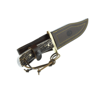 Cuchillo Muela Bowie 9263 hoja de acero inoxidable 16cm mango de asta de ciervo con cordón y funda de cuero 2