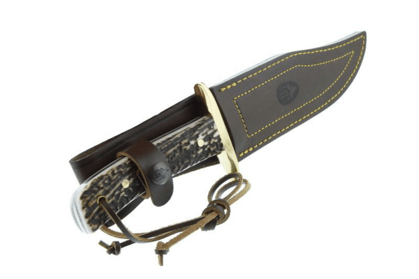 Cuchillo Muela Bowie 9263 hoja de acero inoxidable 16cm mango de asta de ciervo con cordón y funda de cuero