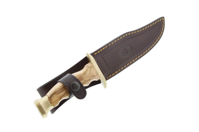 Cuchillo Muela Bowie 9271 hoja de acero inoxidable 16cm mango de madera de olivo + funda de cuero