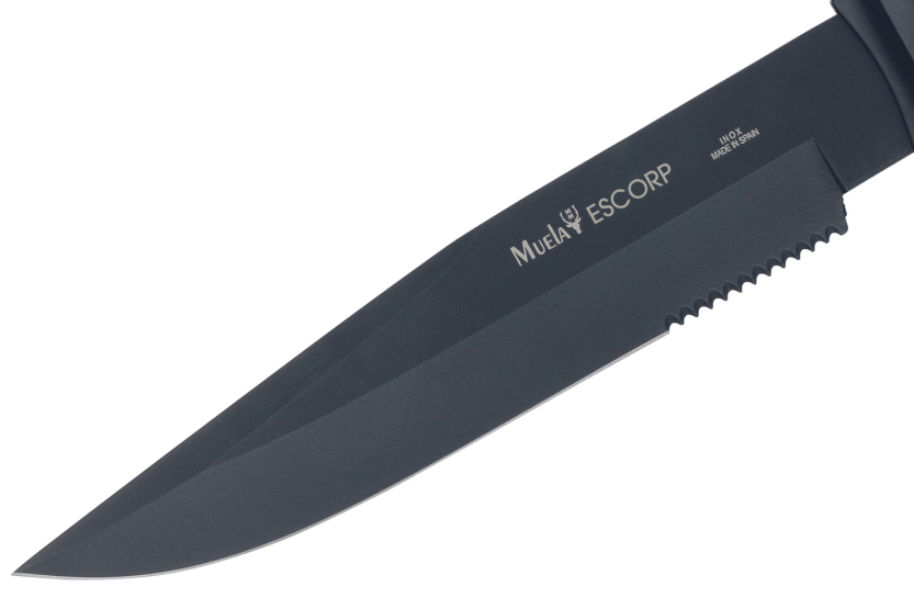 Cuchillo Muela ESCORP 9277 18cm hoja negra mango de goma marrón con funda de cordura