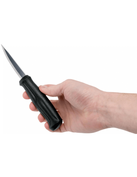 Faca para entalhar madeira Mora Basic 12658 Lâmina de aço inoxidável de 7,5 cm, cabo de polipropileno preto + estojo