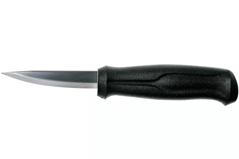 Faca para trinchar madeira Mora Basic 12658 Lâmina de aço inoxidável de 7,5 cm, cabo de polipropileno preto + estojo