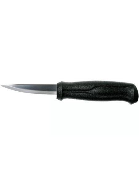 Mora Basic 12658 puunleikkausveitsi 7.5cm ruostumattomasta teräksestä valmistettu terä musta polypropyleenikahva + laukku