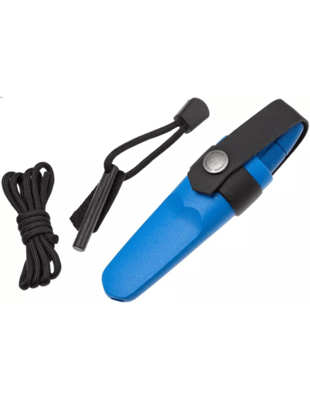 Mora Eldris 12631 navaja pequeña 5.9cm hoja de acero inoxidable mango de goma azul con iniciador de fuego + funda