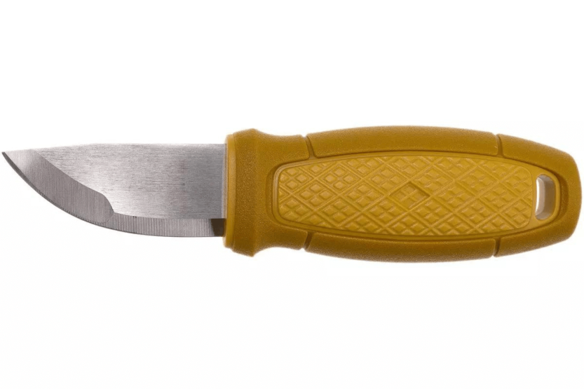 Canivete pequeno Mora Eldris 12632 Lâmina de aço inoxidável de 5,9 cm Cabo de borracha amarelo com iniciador de fogo + bainha