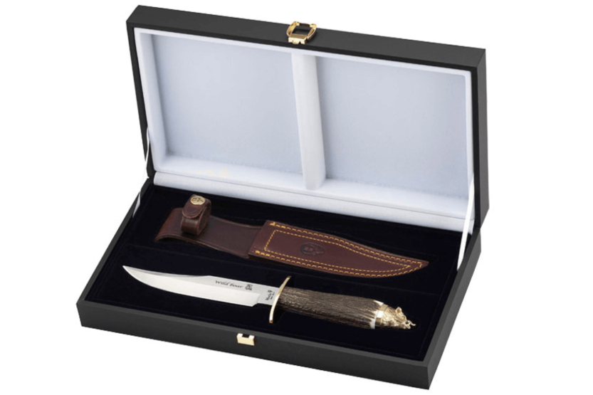 Muela Wildboar Knife 9299 lama in acciaio inox 16cm manico in corno di cervo + fodero in pelle e custodia