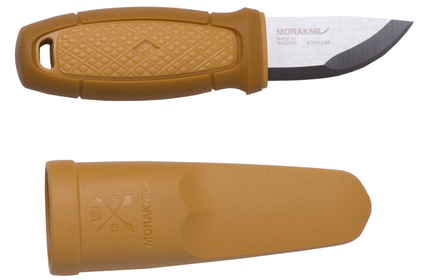 Canivete Mora Eldris 12650 Lâmina de aço inoxidável de 5,9 cm Cabo de borracha amarelo + estojo