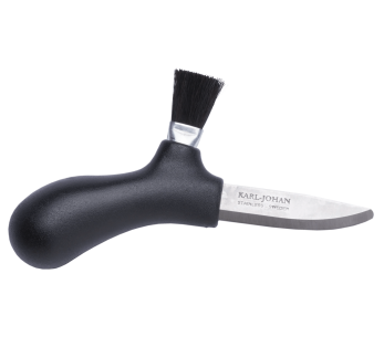 Faca para cogumelos Mora Karl-Johan 10906 Lâmina de 6,2 cm em aço inoxidável, cabo em polipropileno preto + estojo 2