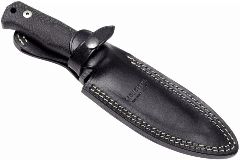 LionSteel T5.MI kniv 12,8cm svart micarta handtag + läderslida