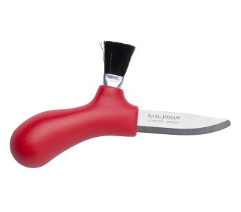 Faca para cogumelos Mora Karl-Johan 12206 Lâmina de aço inoxidável de 6,2 cm, cabo de polipropileno vermelho + estojo 2