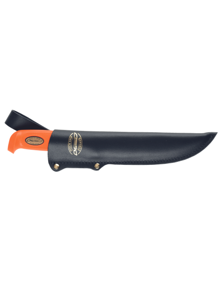 Faca Marttiini Hunter's Carving Martef 935024 Lâmina de 15 cm cabo de borracha laranja + estojo