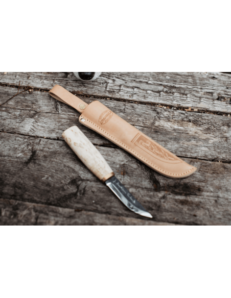 Marttiini Arctic forskærerkniv 535010 9 cm kulstofblad krøllet birkehåndtag + etui
