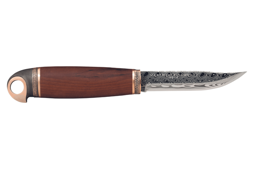 557012 Marttiini Bronze Bird kniv 10 cm damaskusblad birkehåndtag + etui/gaveæske