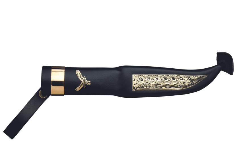 557012 Marttiini Bronze Vogelmes 10cm damascus lemmet berken handvat + etui/cadeauverpakking