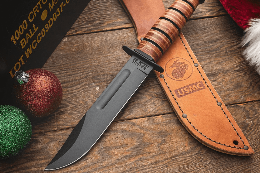 KA-BAR USMC Fighter 1217 kniv 17,8 cm carbonblad læderhåndtag + læderskede