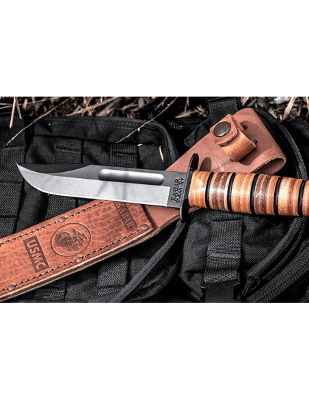 KA-BAR USMC Fighter 1217 kniv 17,8 cm carbonblad læderhåndtag + læderskede