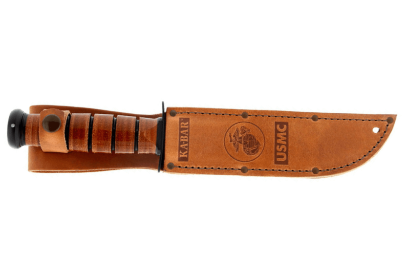 KA-BAR USMC 11216 mes 17cm half-gekarteld lemmet leren handvat + leren schede