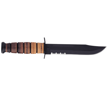 KA-BAR USMC 11216 kniv 17cm halvslipat blad läderhandtag + läderslida