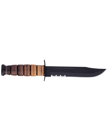 KA-BAR USMC 11216 mes 17cm half-gekarteld lemmet leren handvat + leren schede