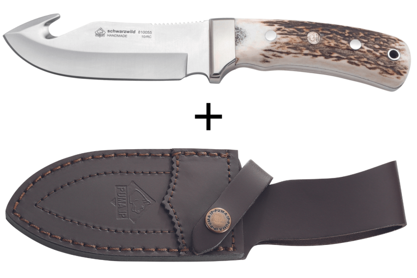 Puma IP Schwarzwild mes 338212 guthook 12cm handvat van gewei + lederen schede
