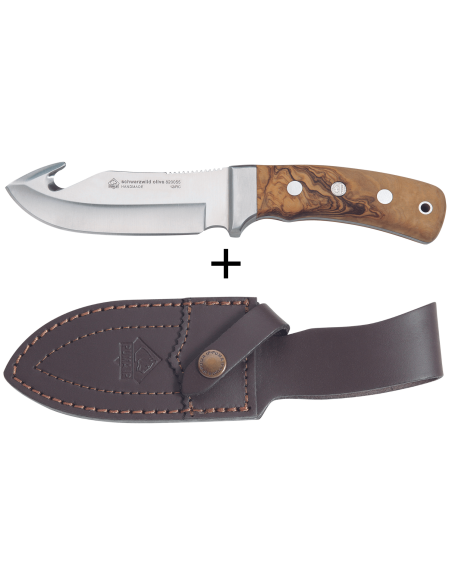 Messer Puma IP Schwarzwild Olive 328212 Guthook-Klinge 12cm Griff aus Olivenholz + Lederetui