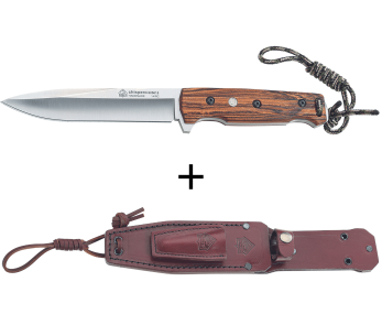 335615 Faca Puma IP Chispero Lâmina de 15 cm com cabo de madeira de bocote + bainha de couro + iniciador de fogo