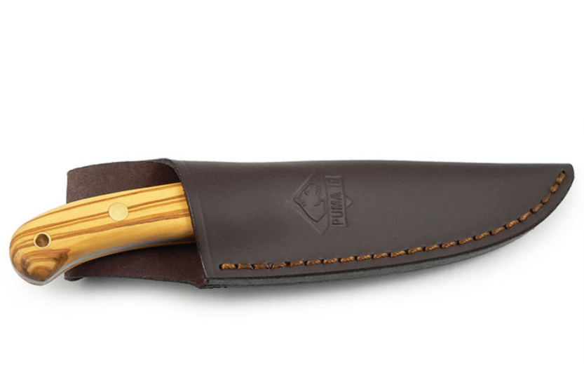Faca Puma IP Catamount Olive 305410 Lâmina de 9,2 cm cabo em madeira de oliveira + bainha em pele