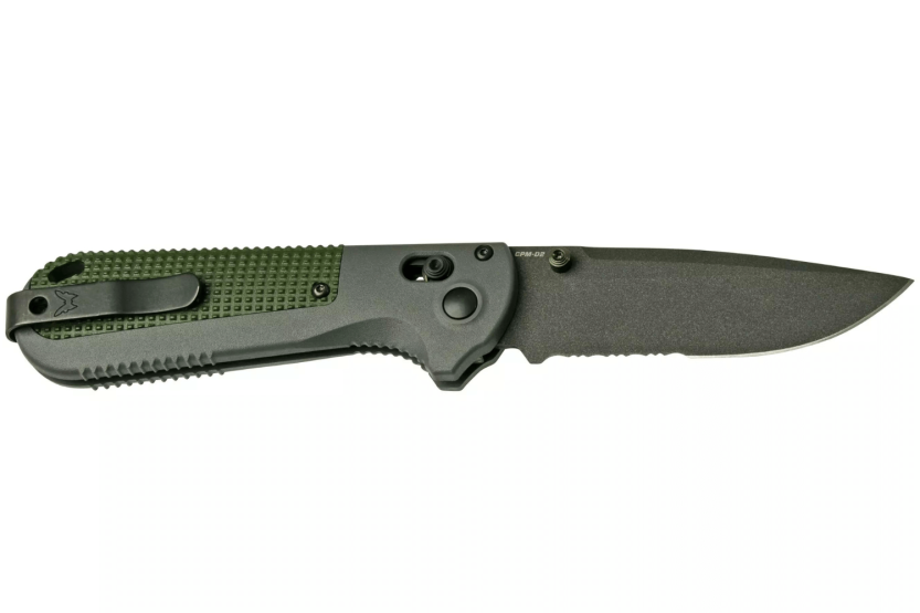 Benchmade Redoubt 430SBK folding knife, semi serrated blade, grey/green Grivory handle, 12cm