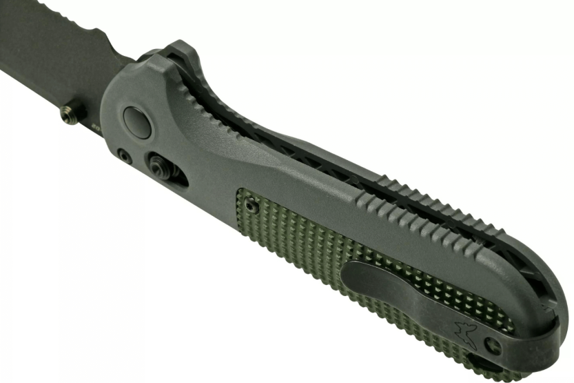Benchmade Redoubt 430SBK folding knife, semi serrated blade, grey/green Grivory handle, 12cm