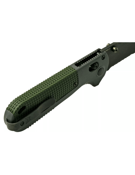 Benchmade Redoubt 430SBK foldekniv, halvt savtakket blad, grå/grønt Grivory-håndtag, 12 cm