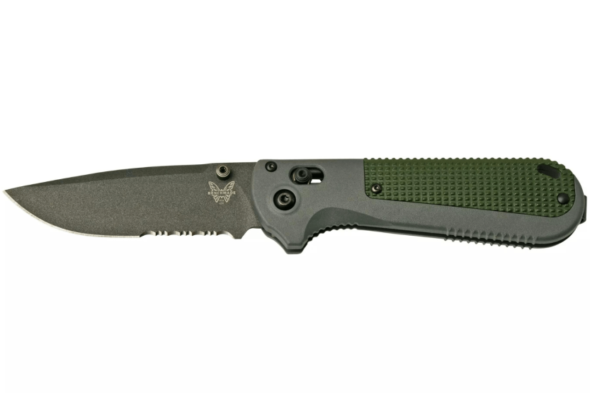 Navaja plegable Benchmade Redoubt 430SBK, hoja semi-dentada, mango Grivory gris/verde, 12cm