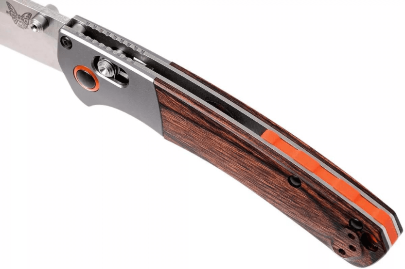 Coltello pieghevole Benchmade Mini Crooked River 15085-2 manico in legno stabilizzato da 11 cm