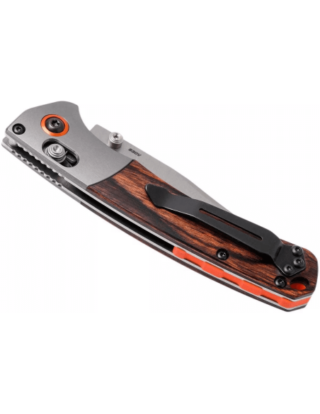 Faca dobrável Benchmade Mini Crooked River 15085-2 Cabo de madeira estabilizado de 11 cm