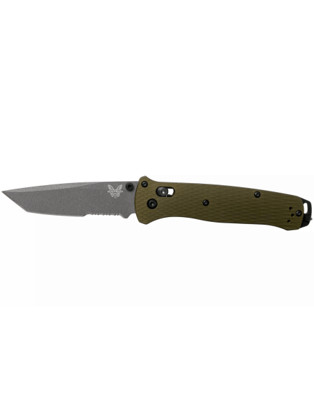 Benchmade Bailout 537SGY-1 taittoveitsi 11cm vihreä anodisoitu alumiinikahva lasinmurtajalla, puolihammastettu terä