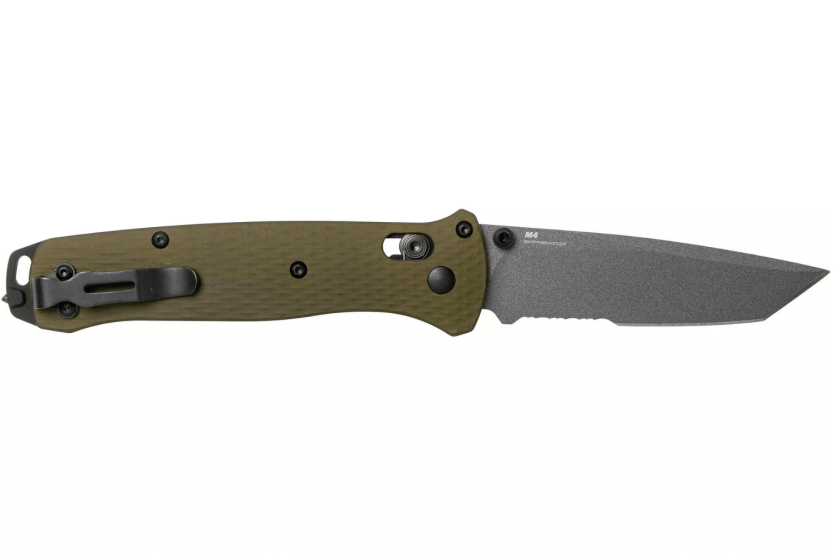 Benchmade Bailout 537SGY-1 foldekniv 11 cm med grønt anodisert aluminiumshåndtak og glassbreaker, halvsaget blad