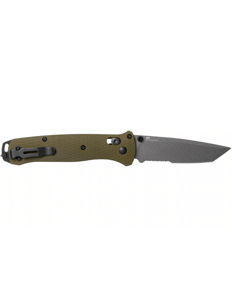 Benchmade Bailout 537SGY-1 foldekniv 11 cm med grønt anodisert aluminiumshåndtak og glassbreaker, halvsaget blad