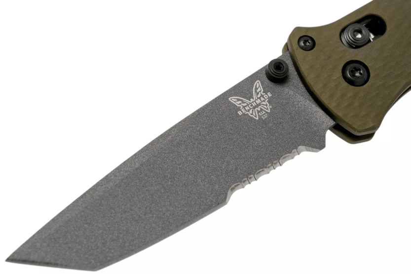 Benchmade Bailout 537SGY-1 fällkniv 11cm grönt anodiserat aluminiumhandtag med glasbrytare, halvslipat blad