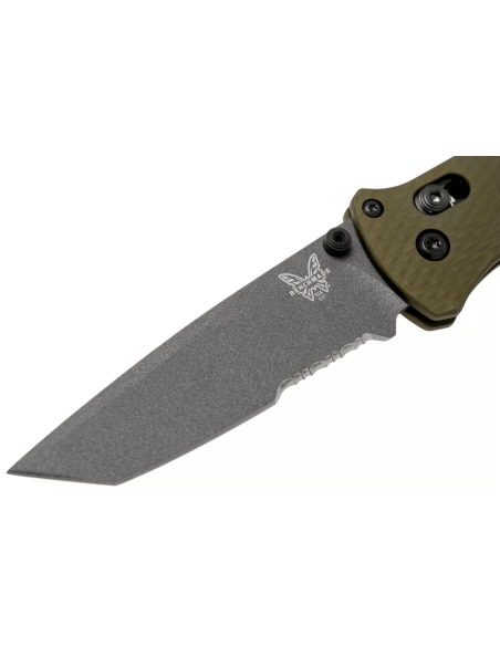 Benchmade Bailout 537SGY-1 taittoveitsi 11cm vihreä anodisoitu alumiinikahva lasinmurtajalla, puolihammastettu terä
