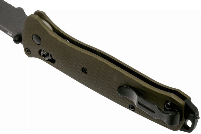 Benchmade Bailout 537SGY-1 fällkniv 11cm grönt anodiserat aluminiumhandtag med glasbrytare, halvslipat blad
