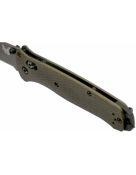 Benchmade Bailout 537SGY-1 foldekniv 11 cm med grønt anodisert aluminiumshåndtak og glassbreaker, halvsaget blad