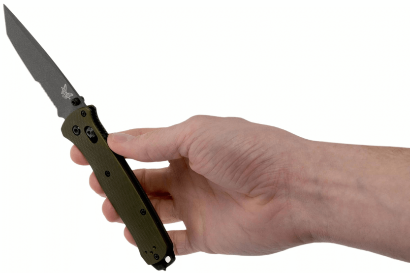 Benchmade Bailout 537SGY-1 fällkniv 11cm grönt anodiserat aluminiumhandtag med glasbrytare, halvslipat blad