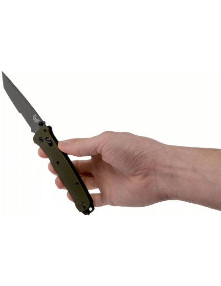 Benchmade Bailout 537SGY-1 taittoveitsi 11cm vihreä anodisoitu alumiinikahva lasinmurtajalla, puolihammastettu terä